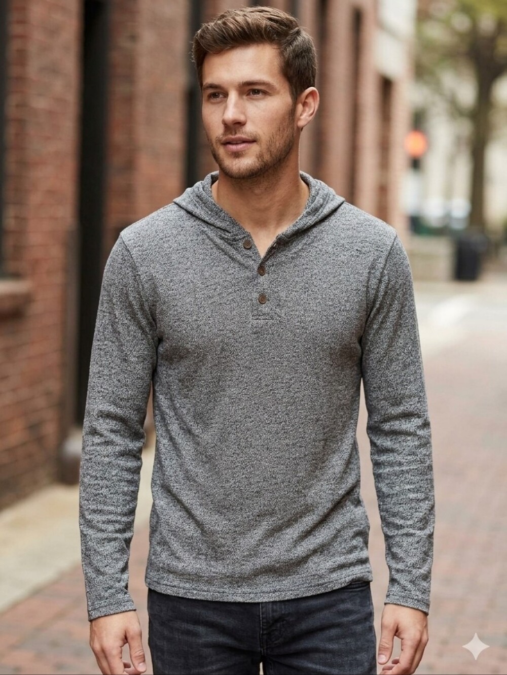 Lucky Brand Men's Marled Gray Long-Sleeve Hooded Henley Sweater Shirt Size S